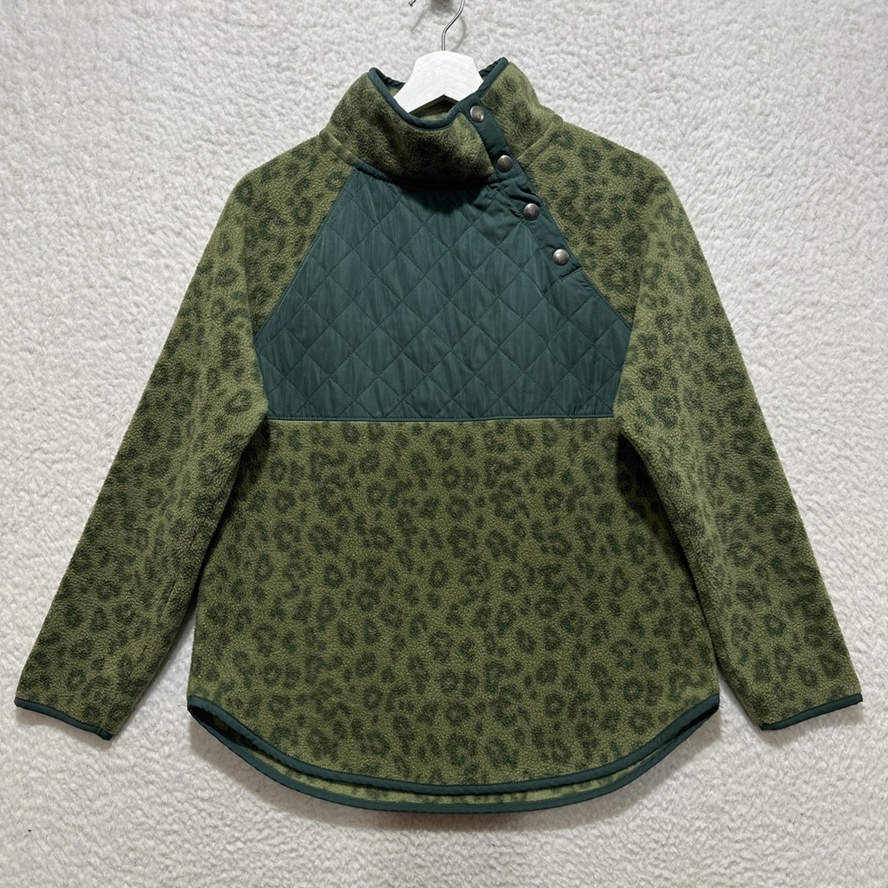 J.Crew Women's Size XS Green Leopard‎ Quilted Button Neck Sherpa Tunic Sweater